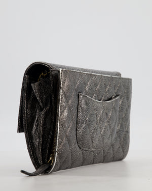 Chanel Black, Cracked Silver Metallic Wallet on Chain Bag in Calfskin Leather with Antique Gold Hardware