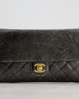 Chanel Black, Cracked Silver Metallic Wallet on Chain Bag in Calfskin Leather with Antique Gold Hardware