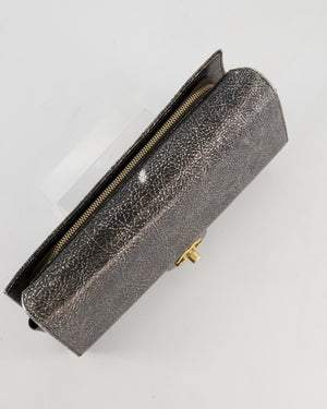 Chanel Black, Cracked Silver Metallic Wallet on Chain Bag in Calfskin Leather with Antique Gold Hardware