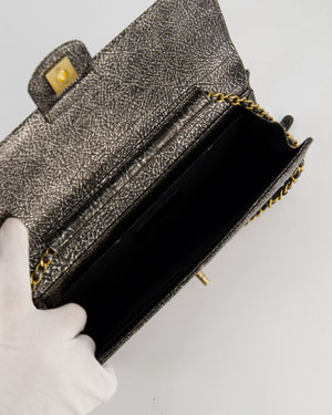 Chanel Black, Cracked Silver Metallic Wallet on Chain Bag in Calfskin Leather with Antique Gold Hardware