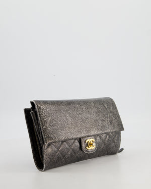 Chanel Black, Cracked Silver Metallic Wallet on Chain Bag in Calfskin Leather with Antique Gold Hardware