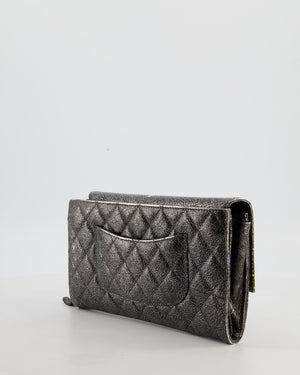 Chanel Black, Cracked Silver Metallic Wallet on Chain Bag in Calfskin Leather with Antique Gold Hardware