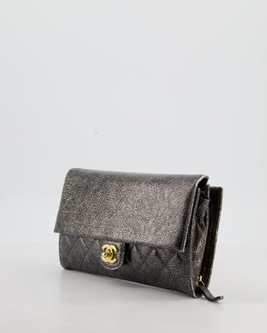 Chanel Black, Cracked Silver Metallic Wallet on Chain Bag in Calfskin Leather with Antique Gold Hardware