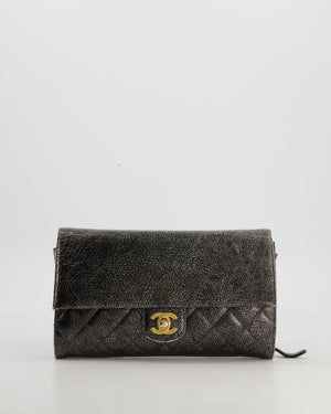 Chanel Black, Cracked Silver Metallic Wallet on Chain Bag in Calfskin Leather with Antique Gold Hardware