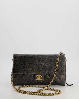 Chanel Black, Cracked Silver Metallic Wallet on Chain Bag in Calfskin Leather with Antique Gold Hardware