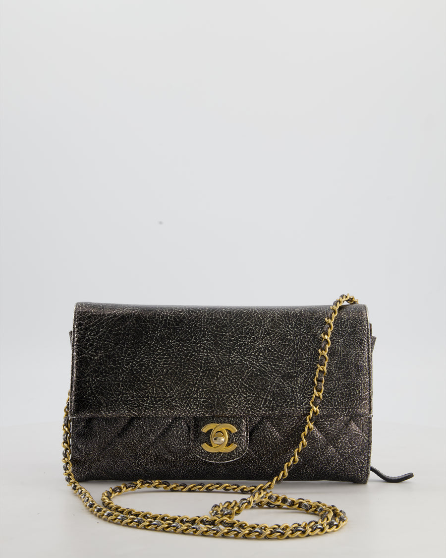 Chanel Black, Cracked Silver Metallic Wallet on Chain Bag in Calfskin Leather with Antique Gold Hardware