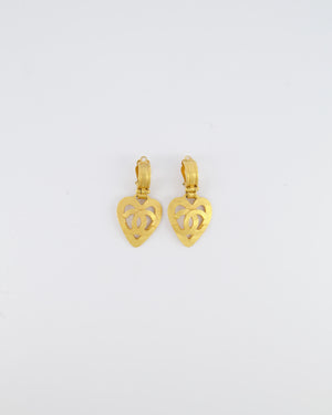 Chanel 95P Vintage Brushed Gold Heart CC Logo Pendant Clip-On Earrings
