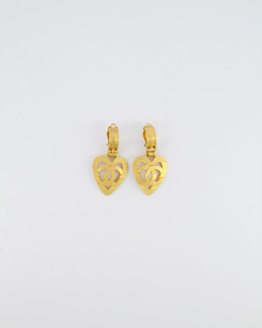 Chanel 95P Vintage Brushed Gold Heart CC Logo Pendant Clip-On Earrings
