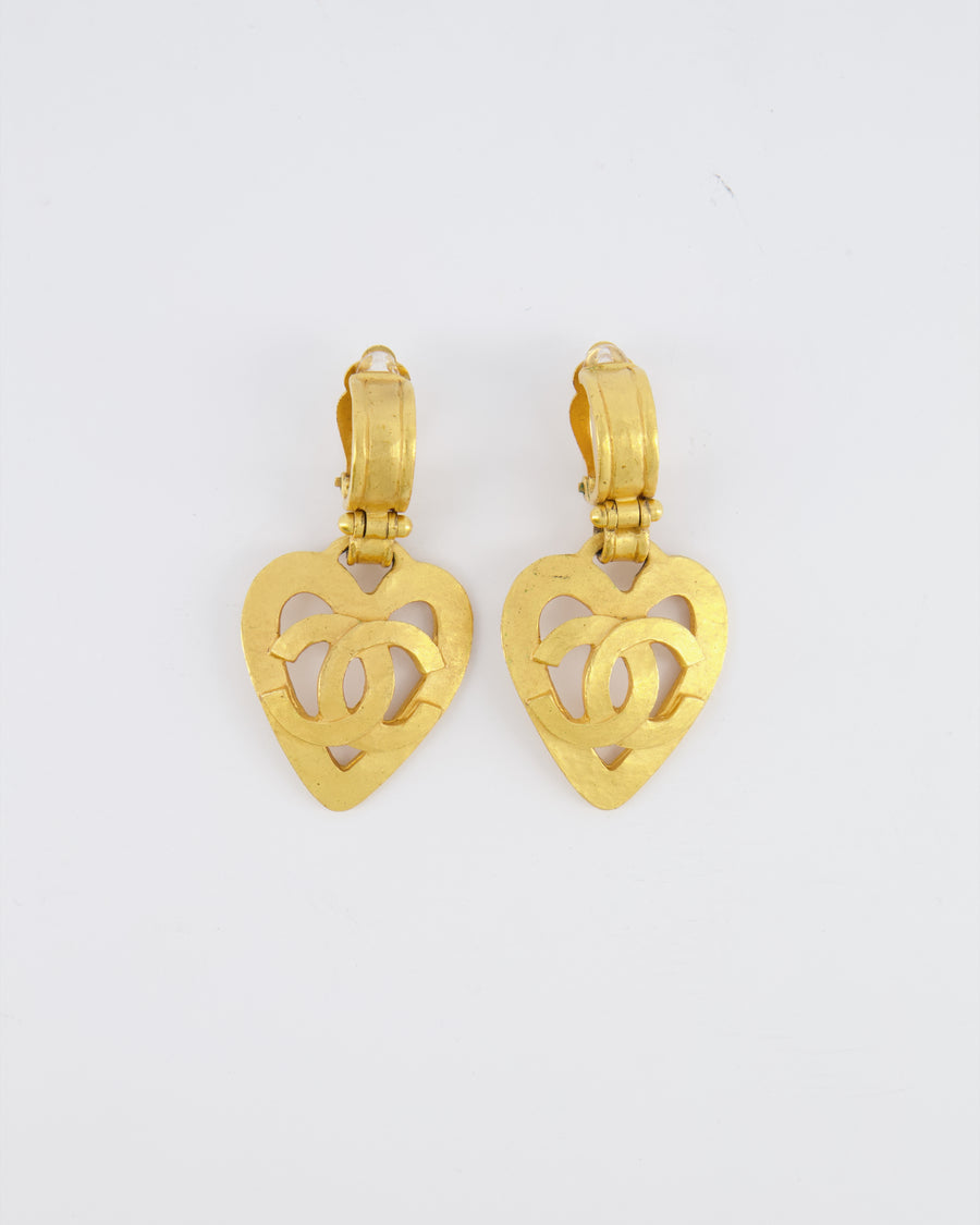 Chanel 95P Vintage Brushed Gold Heart CC Logo Pendant Clip-On Earrings