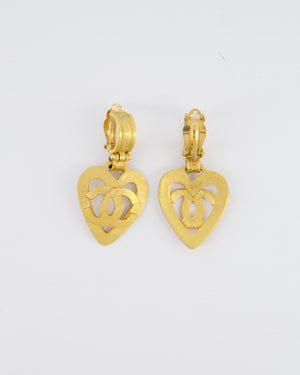 Chanel 95P Vintage Brushed Gold Heart CC Logo Pendant Clip-On Earrings