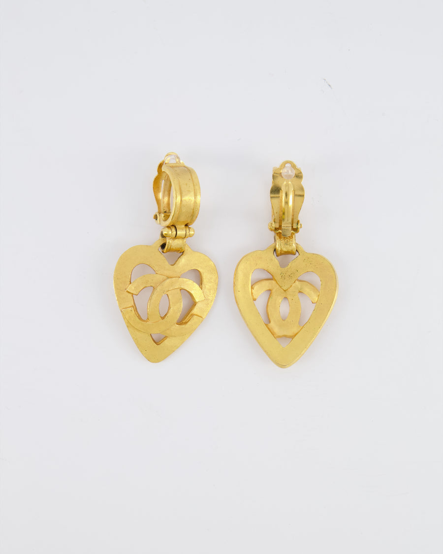 Chanel 95P Vintage Brushed Gold Heart CC Logo Pendant Clip-On Earrings