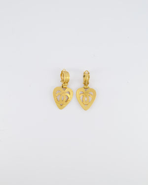 Chanel 95P Vintage Brushed Gold Heart CC Logo Pendant Clip-On Earrings