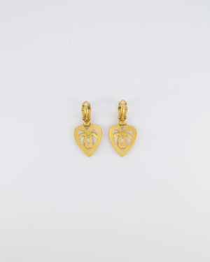 Chanel 95P Vintage Brushed Gold Heart CC Logo Pendant Clip-On Earrings