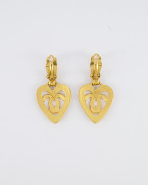 Chanel 95P Vintage Brushed Gold Heart CC Logo Pendant Clip-On Earrings