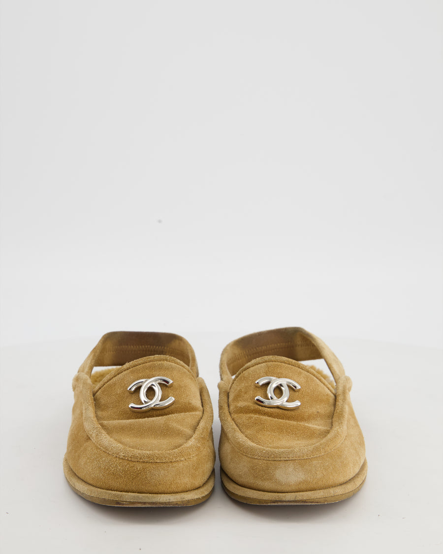 Chanel Beige Suede and Shearling Moccasin Slingback Loafers with Silver CC Logo Detail Size EU 37.5