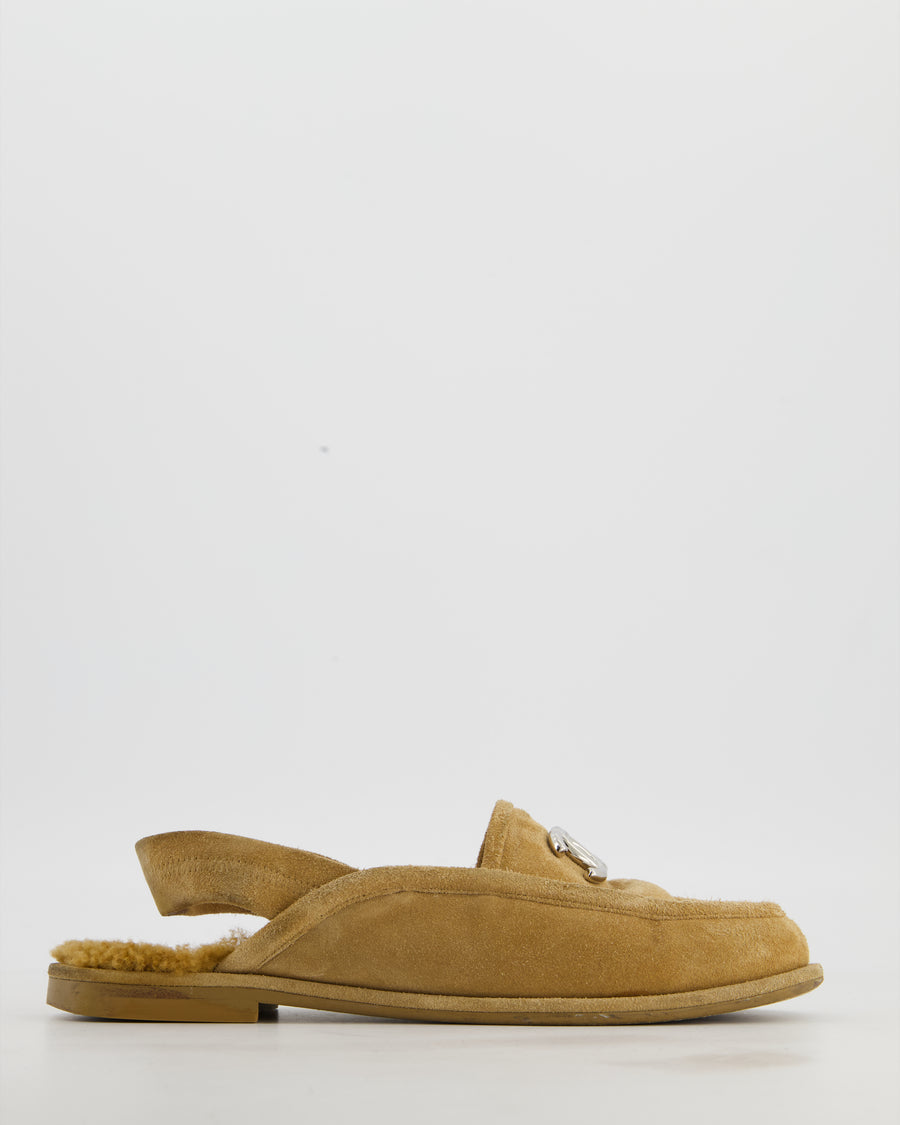Chanel Beige Suede and Shearling Moccasin Slingback Loafers with Silver CC Logo Detail Size EU 37.5