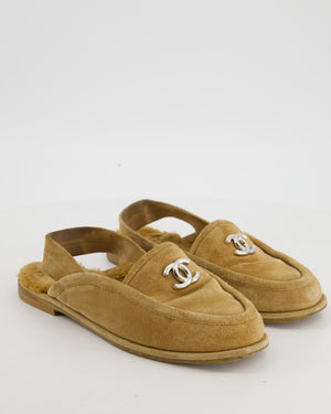 Chanel Beige Suede and Shearling Moccasin Slingback Loafers with Silver CC Logo Detail Size EU 37.5