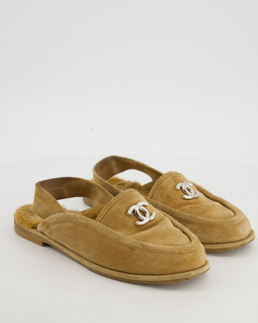 Chanel Beige Suede and Shearling Moccasin Slingback Loafers with Silver CC Logo Detail Size EU 37.5