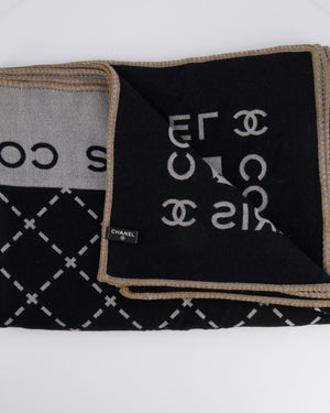 Chanel Grey and Black Wool Blanket, with Pouch and Eye Mask Set with CC Logo Prints