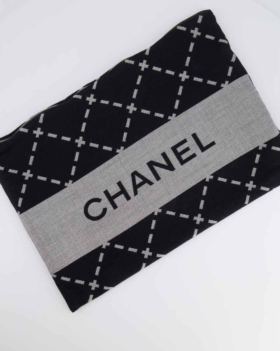 Chanel Grey and Black Wool Blanket, with Pouch and Eye Mask Set with CC Logo Prints