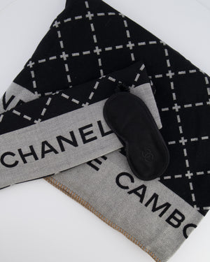 Chanel Grey and Black Wool Blanket, with Pouch and Eye Mask Set with CC Logo Prints