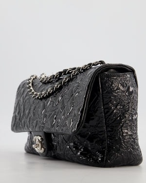Chanel Black Patent East West Single Flap Bag with Embossed Charm Details and Silver Hardware