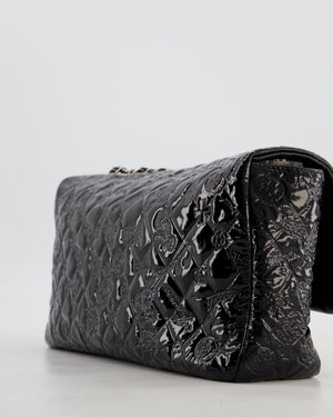 Chanel Black Patent East West Single Flap Bag with Embossed Charm Details and Silver Hardware