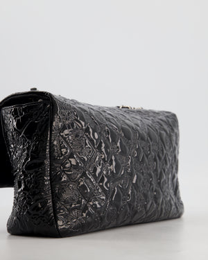 Chanel Black Patent East West Single Flap Bag with Embossed Charm Details and Silver Hardware