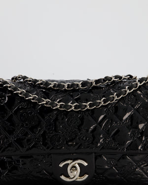 Chanel Black Patent East West Single Flap Bag with Embossed Charm Details and Silver Hardware