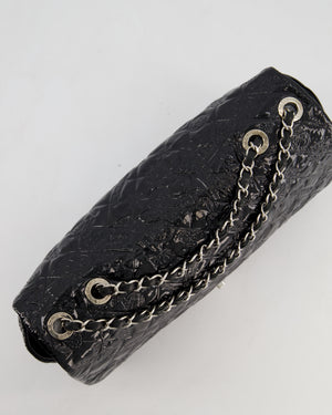 Chanel Black Patent East West Single Flap Bag with Embossed Charm Details and Silver Hardware