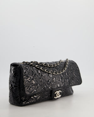 Chanel Black Patent East West Single Flap Bag with Embossed Charm Details and Silver Hardware