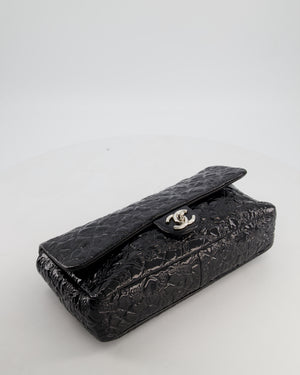 Chanel Black Patent East West Single Flap Bag with Embossed Charm Details and Silver Hardware