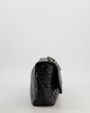 Chanel Black Patent East West Single Flap Bag with Embossed Charm Details and Silver Hardware