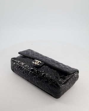 Chanel Black Patent East West Single Flap Bag with Embossed Charm Details and Silver Hardware