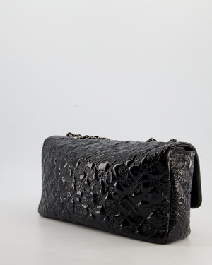 Chanel Black Patent East West Single Flap Bag with Embossed Charm Details and Silver Hardware