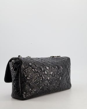 Chanel Black Patent East West Single Flap Bag with Embossed Charm Details and Silver Hardware