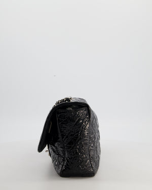 Chanel Black Patent East West Single Flap Bag with Embossed Charm Details and Silver Hardware