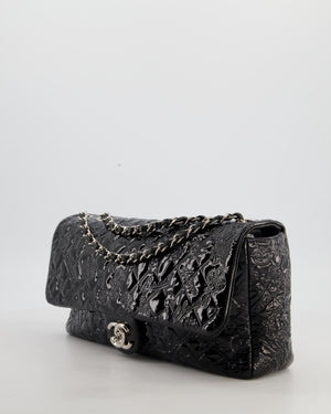 Chanel Black Patent East West Single Flap Bag with Embossed Charm Details and Silver Hardware