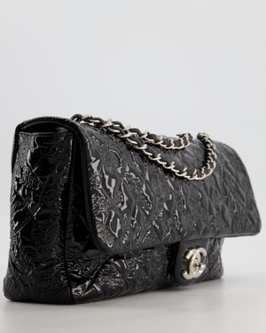 Chanel Black Patent East West Single Flap Bag with Embossed Charm Details and Silver Hardware
