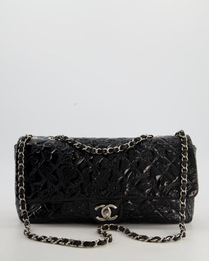 Chanel Black Patent East West Single Flap Bag with Embossed Charm Details and Silver Hardware