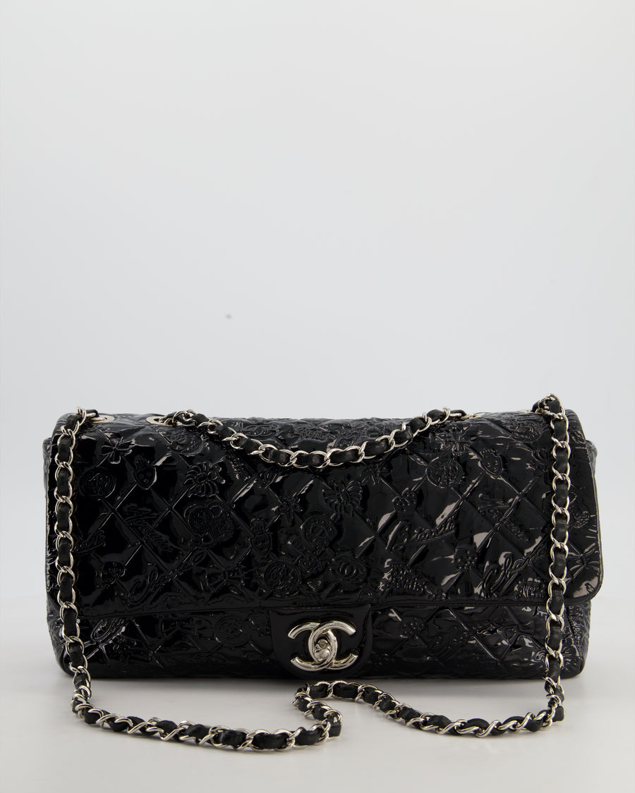 Chanel Black Patent East West Single Flap Bag with Embossed Charm Details and Silver Hardware