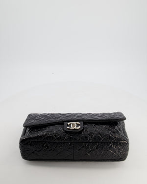 Chanel Black Patent East West Single Flap Bag with Embossed Charm Details and Silver Hardware
