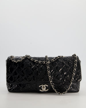 Chanel Black Patent East West Single Flap Bag with Embossed Charm Details and Silver Hardware