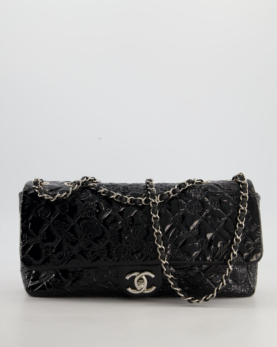 Chanel Black Patent East West Single Flap Bag with Embossed Charm Details and Silver Hardware