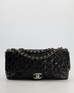 Chanel Black Patent East West Single Flap Bag with Embossed Charm Details and Silver Hardware