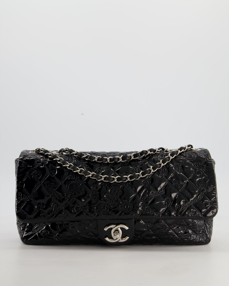 Chanel Black Patent East West Single Flap Bag with Embossed Charm Details and Silver Hardware