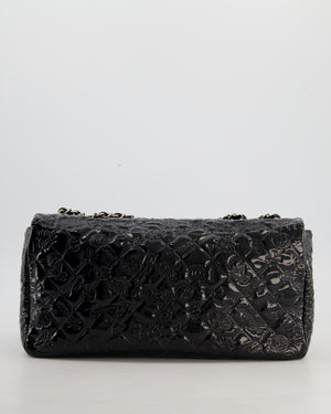 Chanel Black Patent East West Single Flap Bag with Embossed Charm Details and Silver Hardware