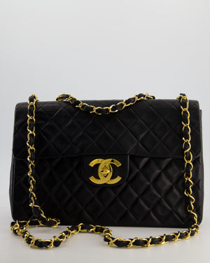 *STUNNING CONDITION* Chanel Vintage Black XL Jumbo Single Classic Flap Bag in Lambskin Leather with 24K Gold Hardware