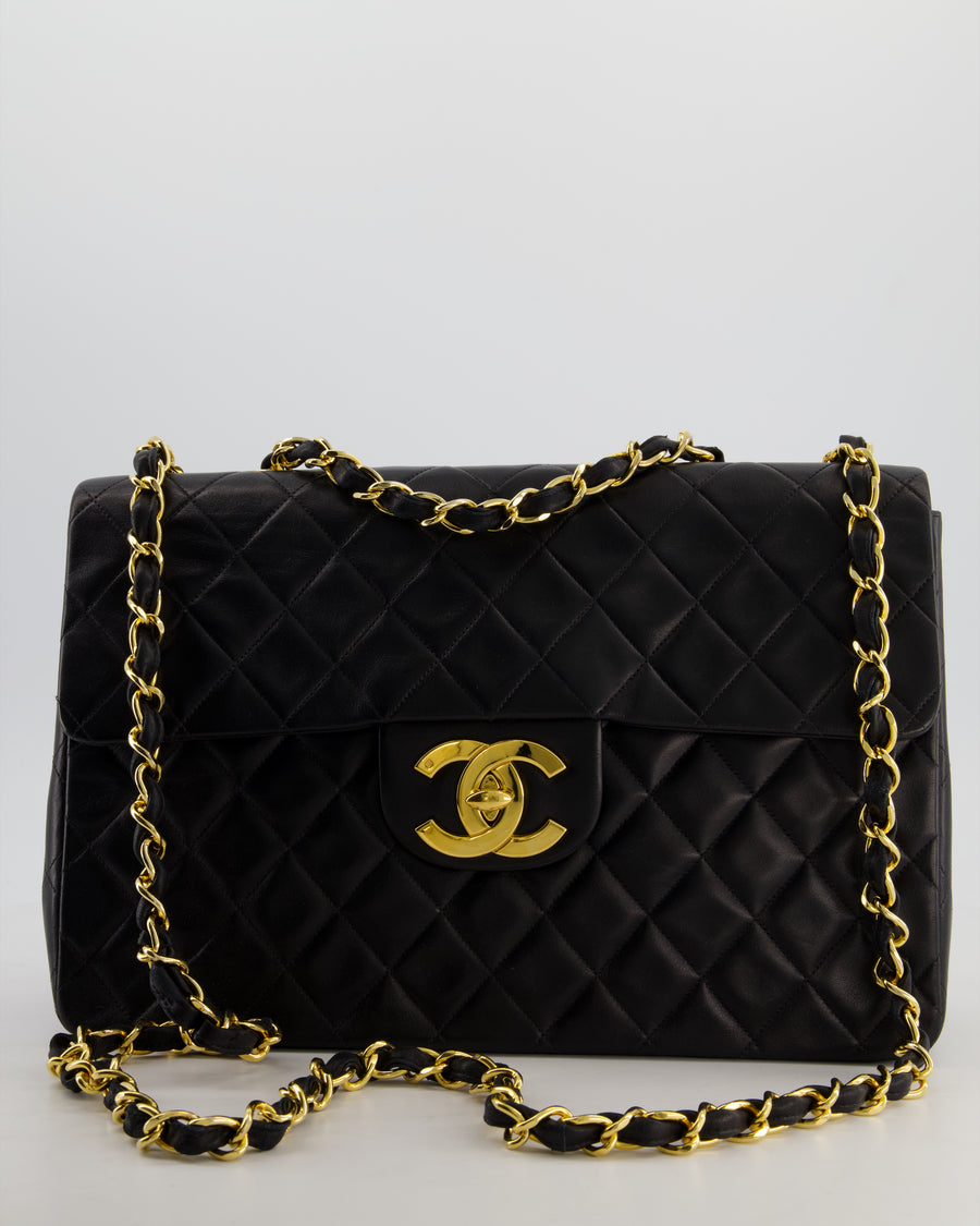 *STUNNING CONDITION* Chanel Vintage Black XL Jumbo Single Classic Flap Bag in Lambskin Leather with 24K Gold Hardware