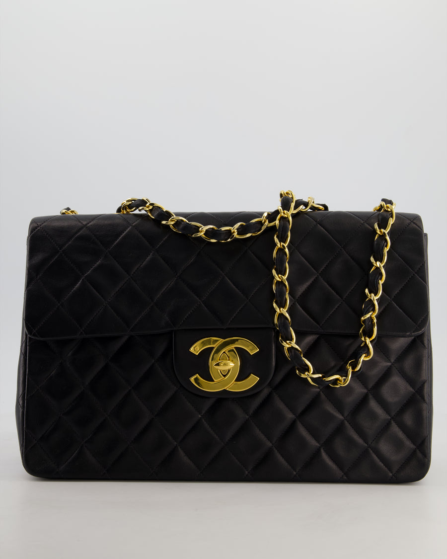 *STUNNING CONDITION* Chanel Vintage Black XL Jumbo Single Classic Flap Bag in Lambskin Leather with 24K Gold Hardware